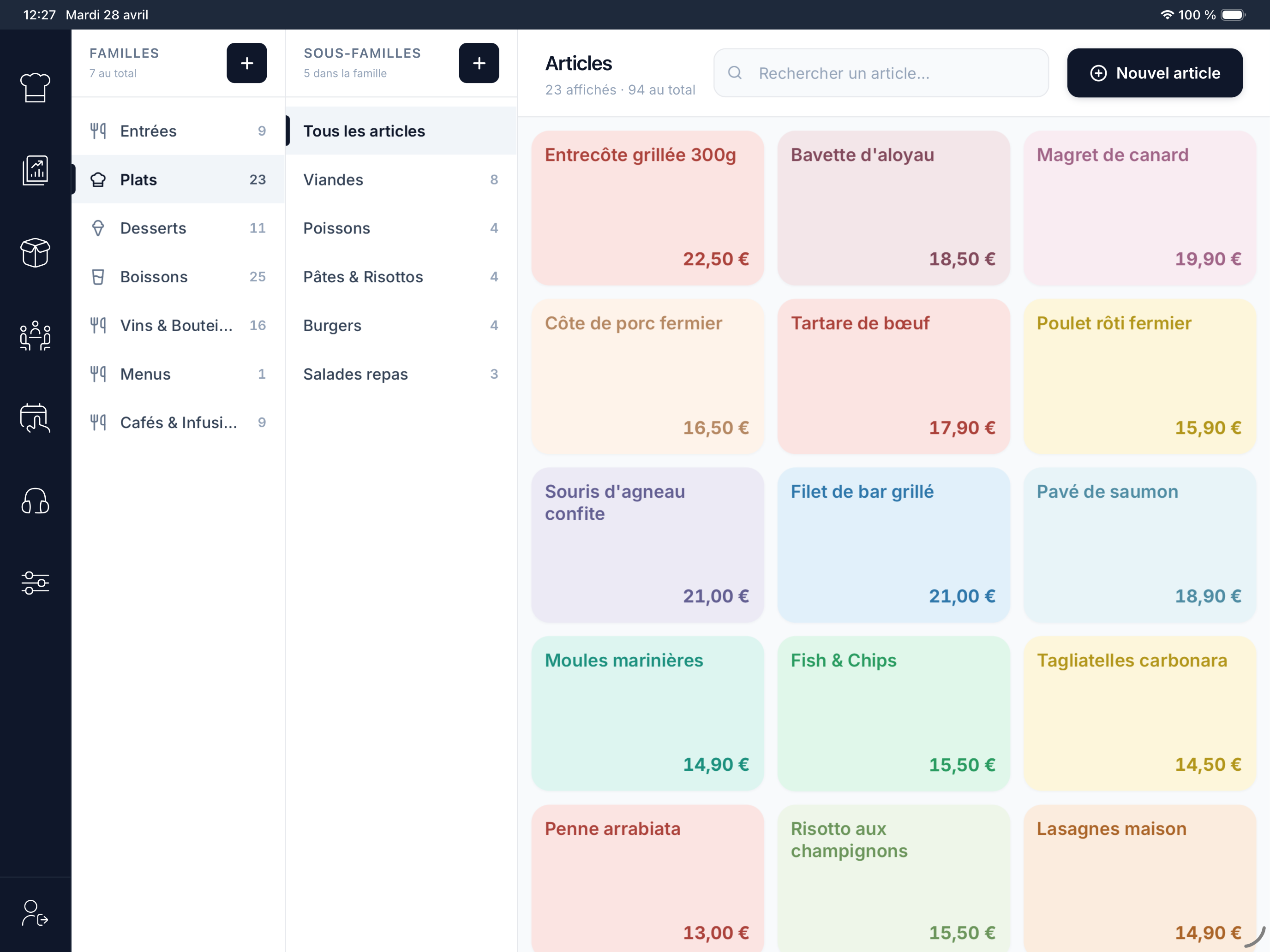 Carte programmée dans HubCaisse — familles, sous-familles et articles avec prix
