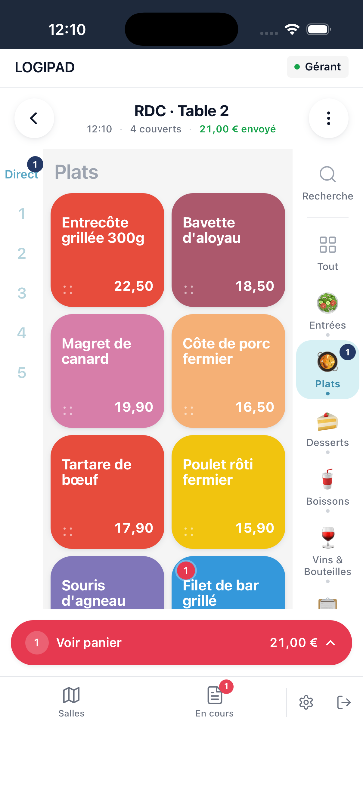 Application Logipad sur smartphone — prise de commande à la table